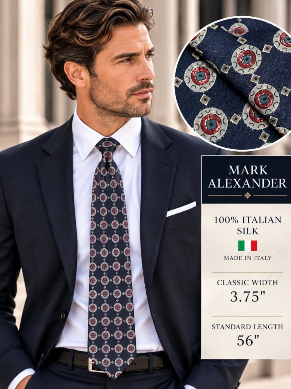Mark Alexander 100% Italian Silk Tie Navy Medallion Geometric Mens Necktie Luxe